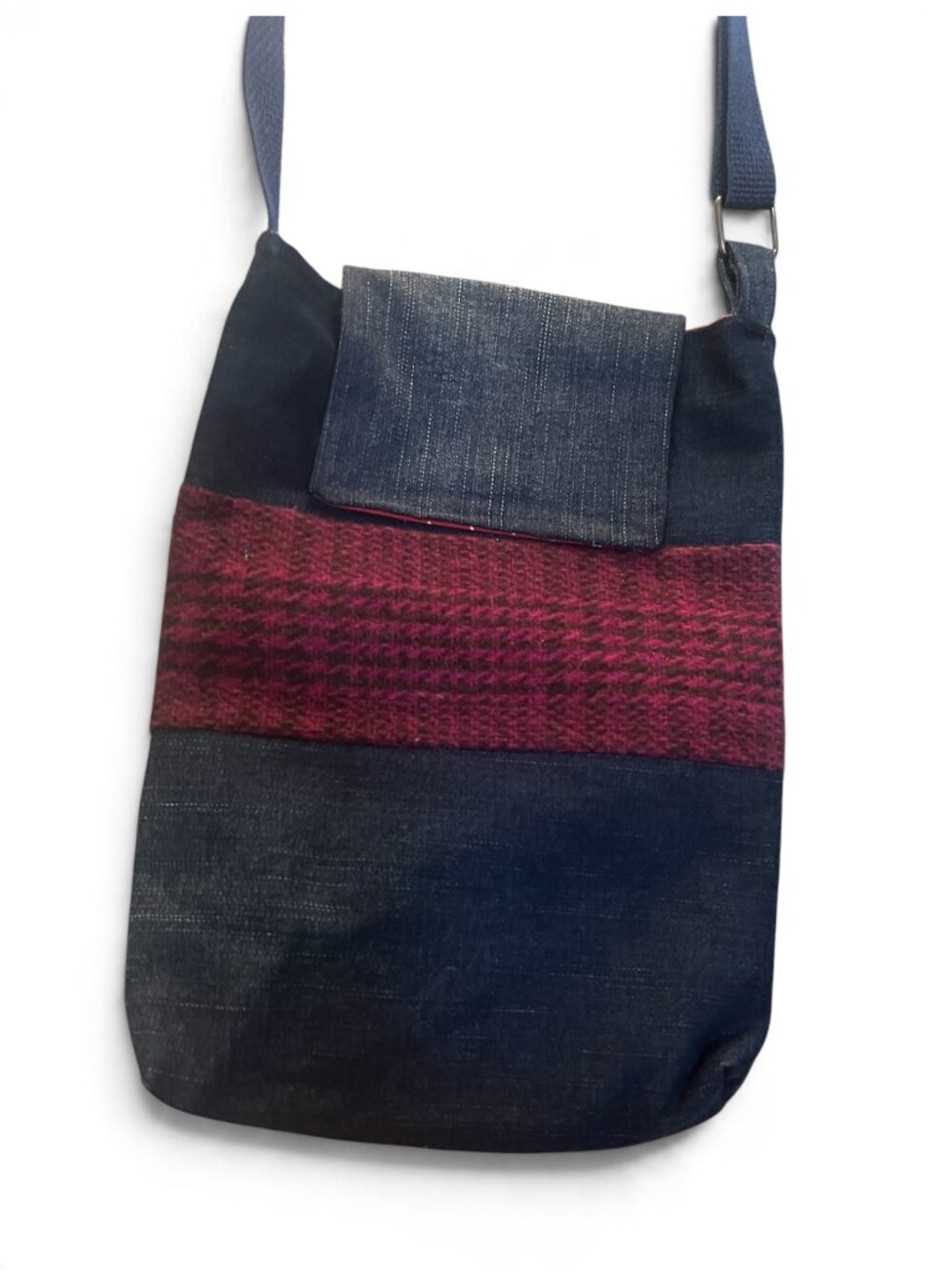Denim Crossbody Bag Upcycled Jean Purse Plaid Accent Pocket